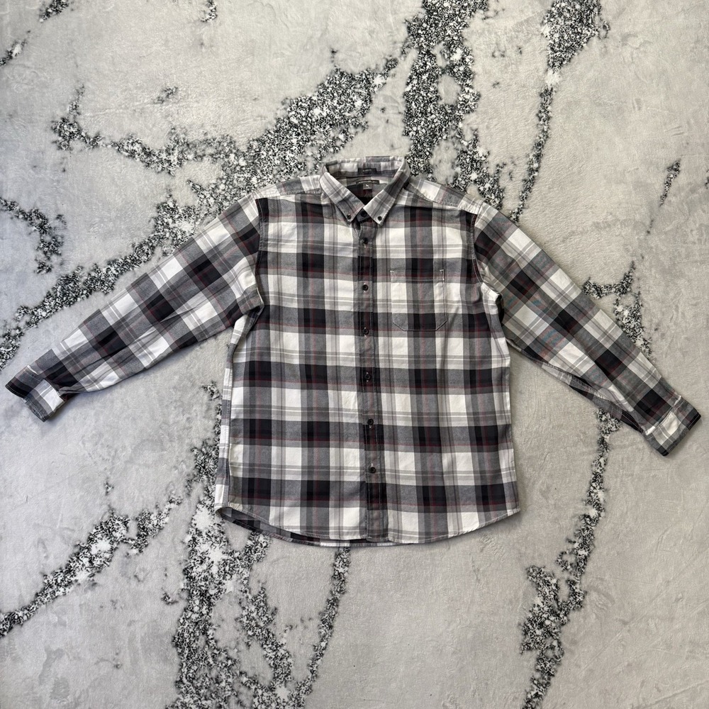Eddie Bauer Mens Size Large Relaxed Fit Plaid Flannel Shirt Black White